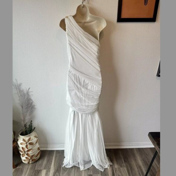 Tadashi Shoji NWT Sz 12 Ivory One Shoulder Ruched Mermaid Gown Lace Formal Bride - Picture 11 of 15